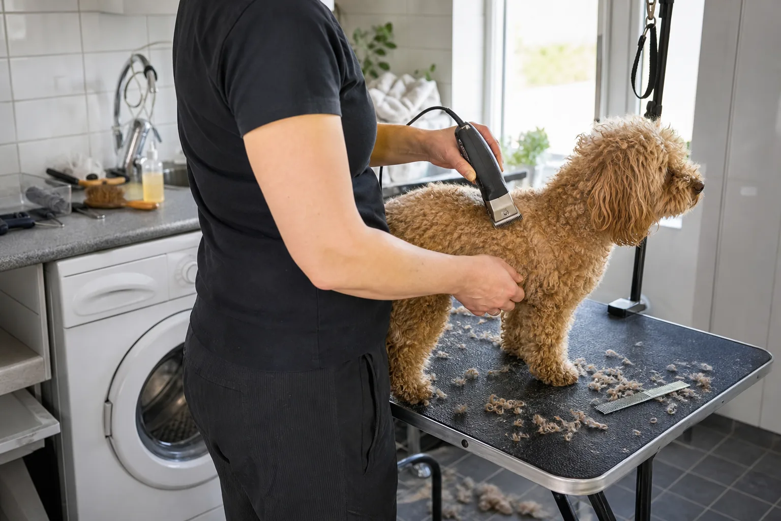 Hand klipper en lockig hunds rygg med elektrisk hundtrimmer i tvättstuga