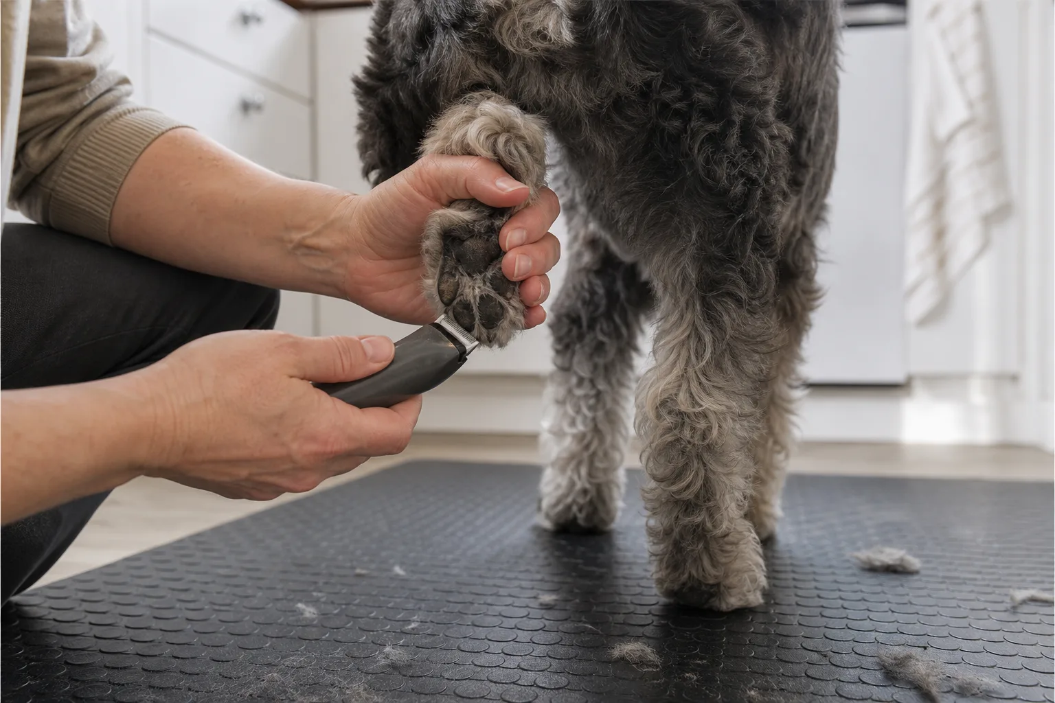 Liten hunds tass och smal elektrisk hundtrimmer på halkfri köksmatta