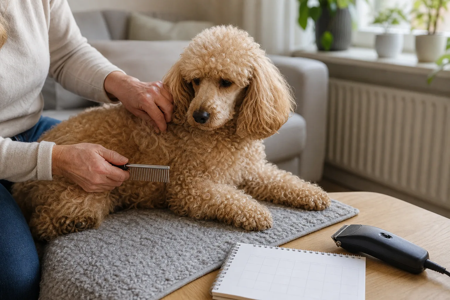 Hand känner igenom pudelpäls bredvid kam, kalender och avstängd hundtrimmer