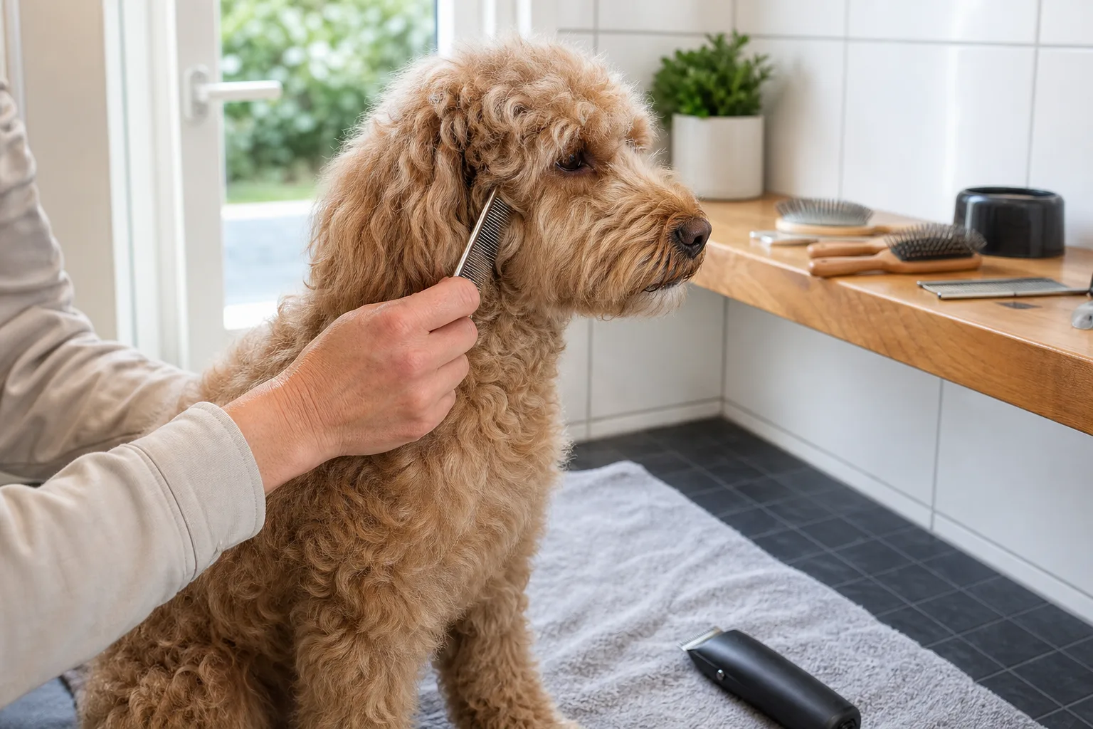 Hand kammar yttre kindpäls på lugn hund med avstängd detaljtrimmer på handduk