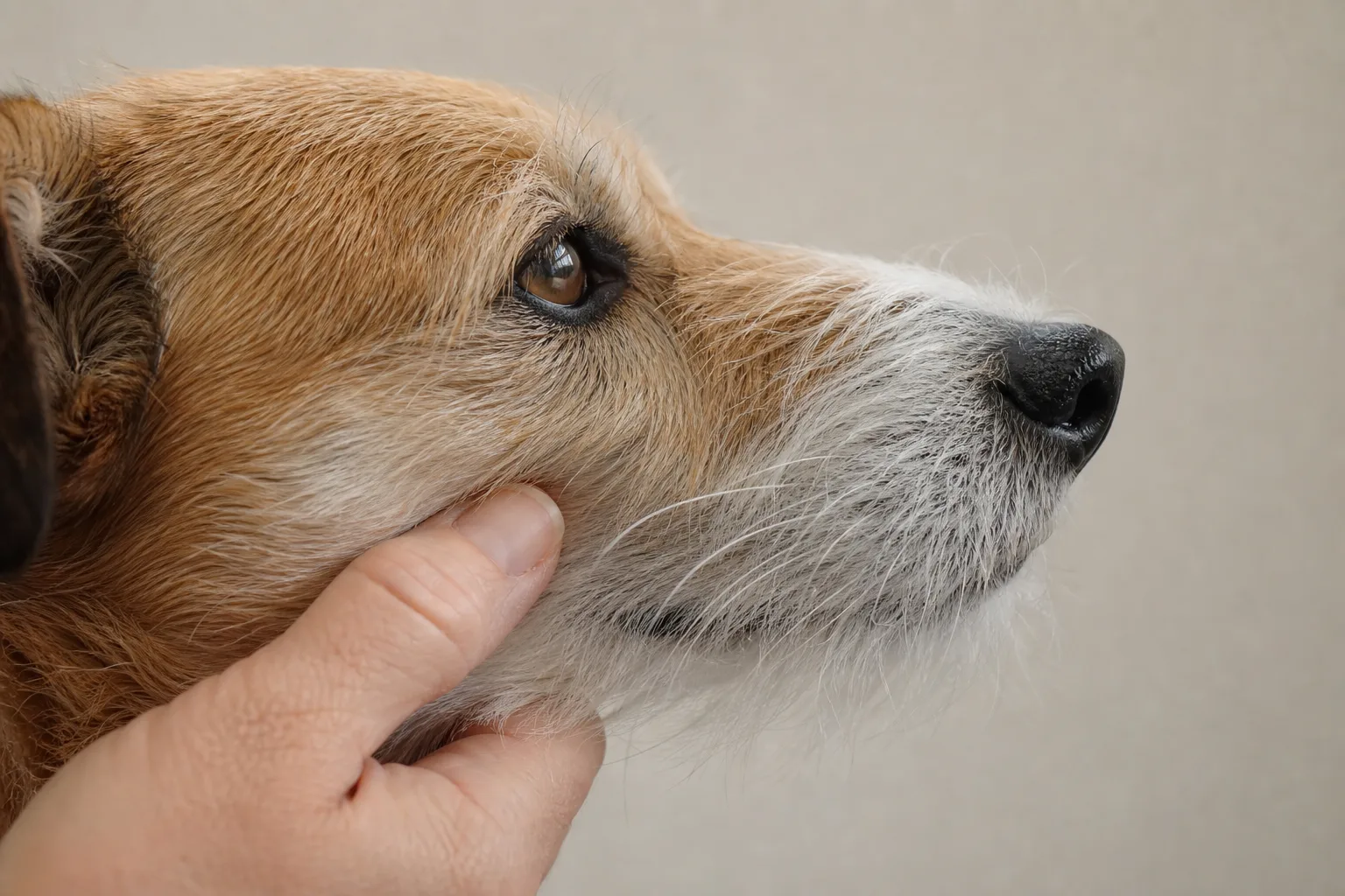 Hundnos i sidprofil med synliga morrhår och hand som håller undan kindpäls