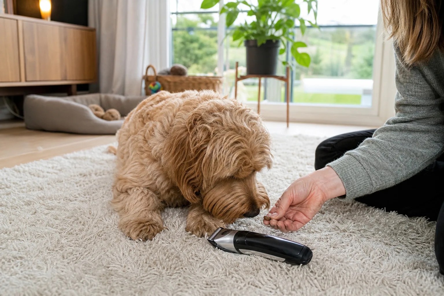 Lugn hund nosar på avstängd hundtrimmer under stillsam tillvänjning hemma