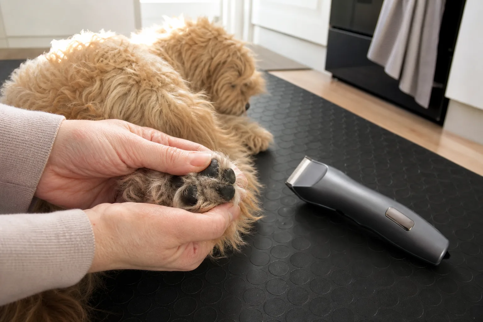 Hand särar tasspäls mellan trampdynor på liten hund bredvid smal hundtrimmer