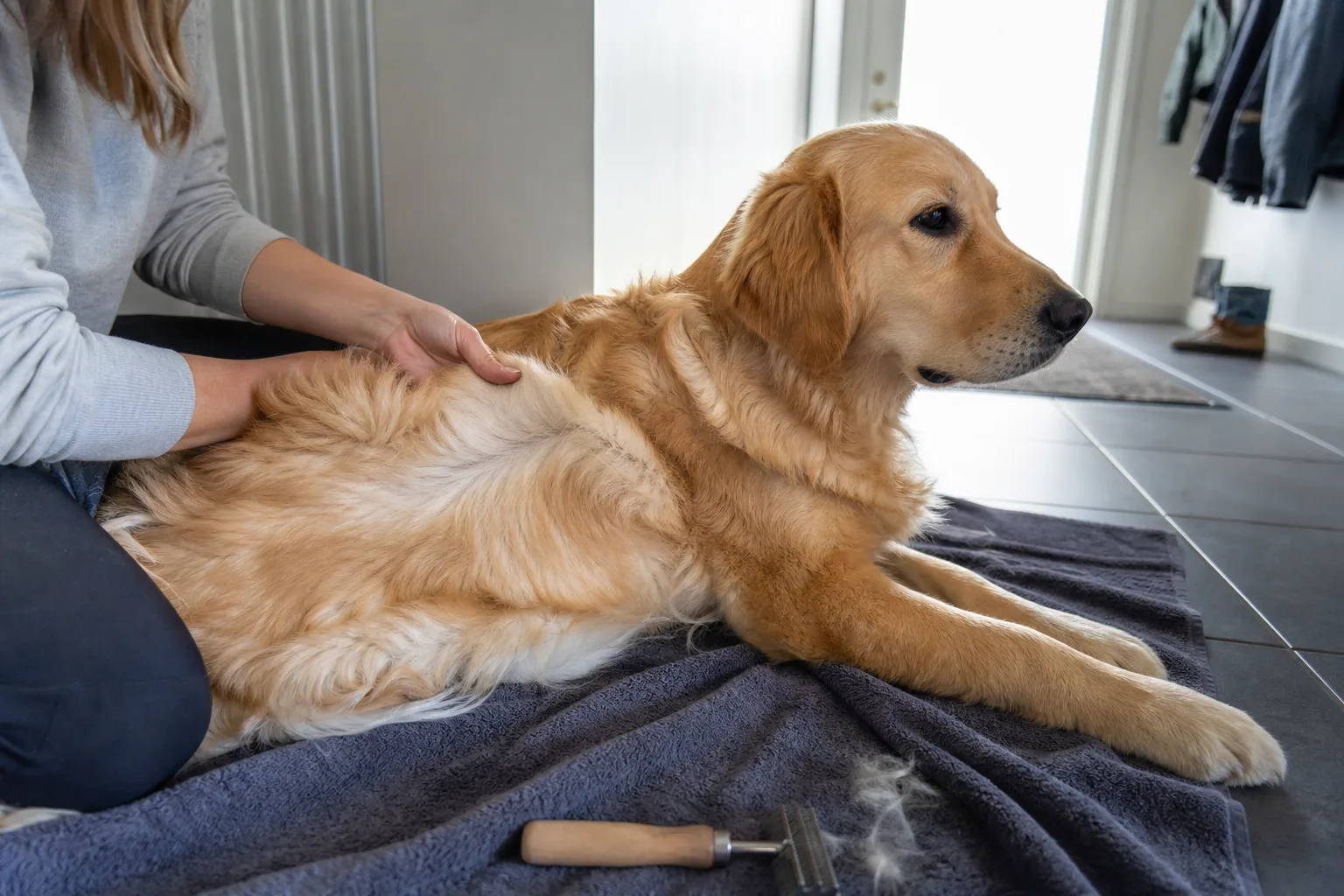Hand visar täckhår och underull på golden retriever utan att raka pälsen