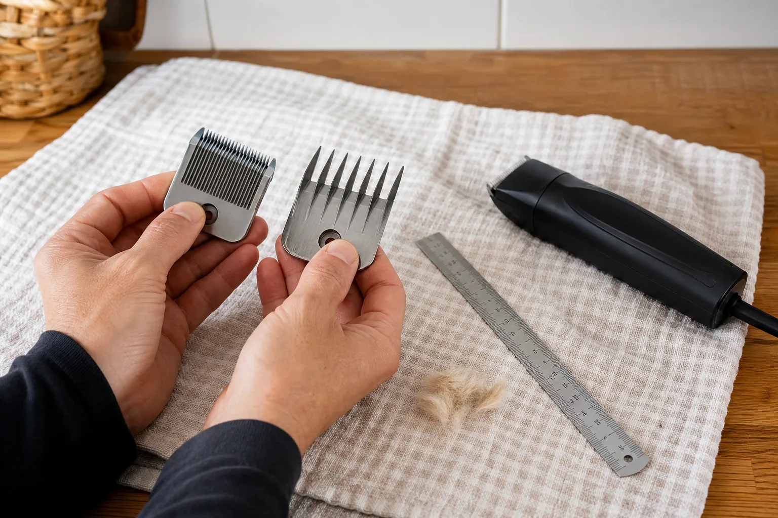Två klippskär jämförs med linjal och avstängd hundklippmaskin