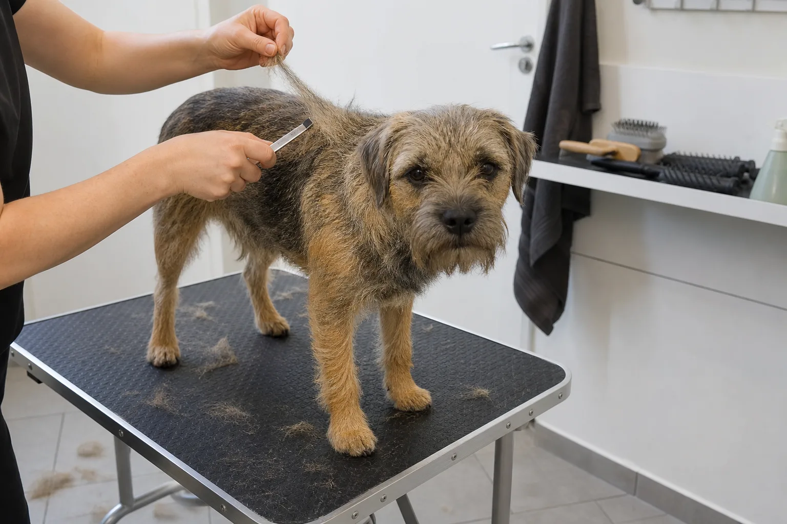 Händer visar handtrimning av sträv ryggpäls på terrier
