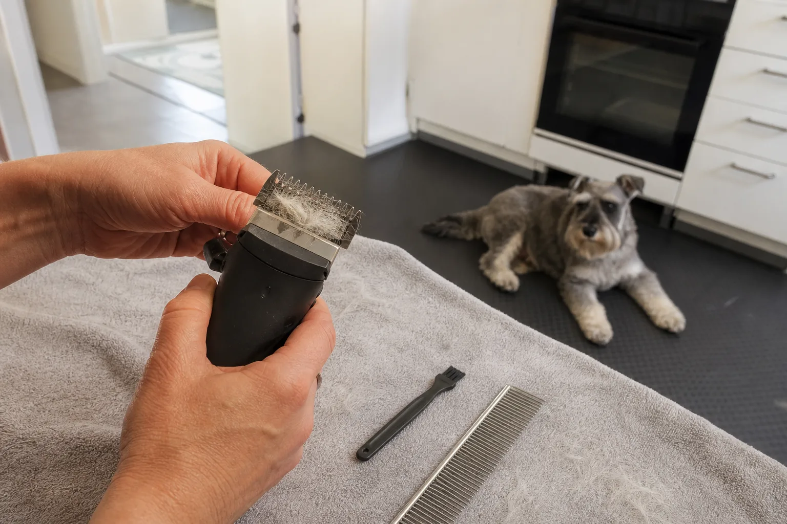 Händer undersöker päls i skäret på avstängd hundklippmaskin
