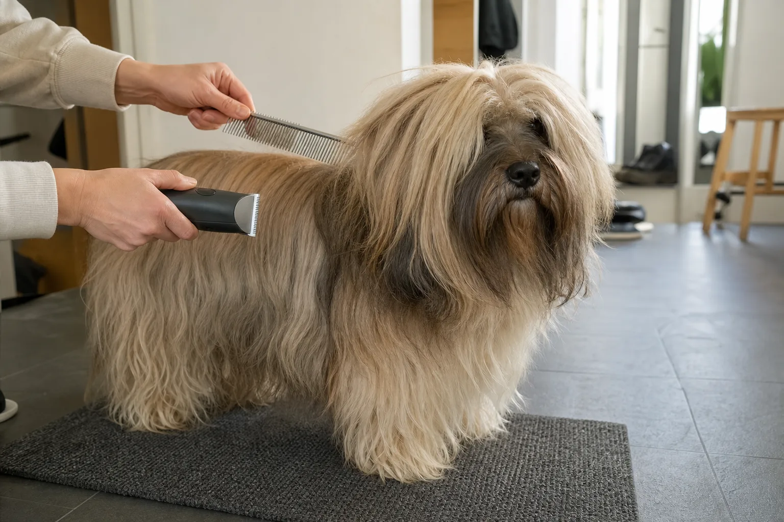 Händer visar skär på hundanpassad klippmaskin intill långpälsad hund