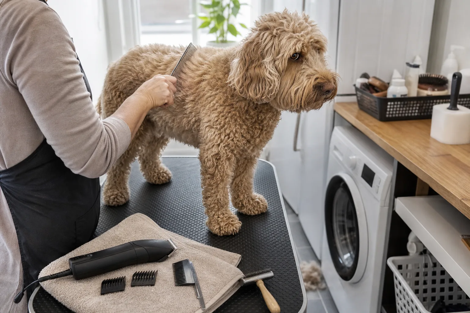 Hand kammar lockig hund före hemmaklippning med hundklippmaskin