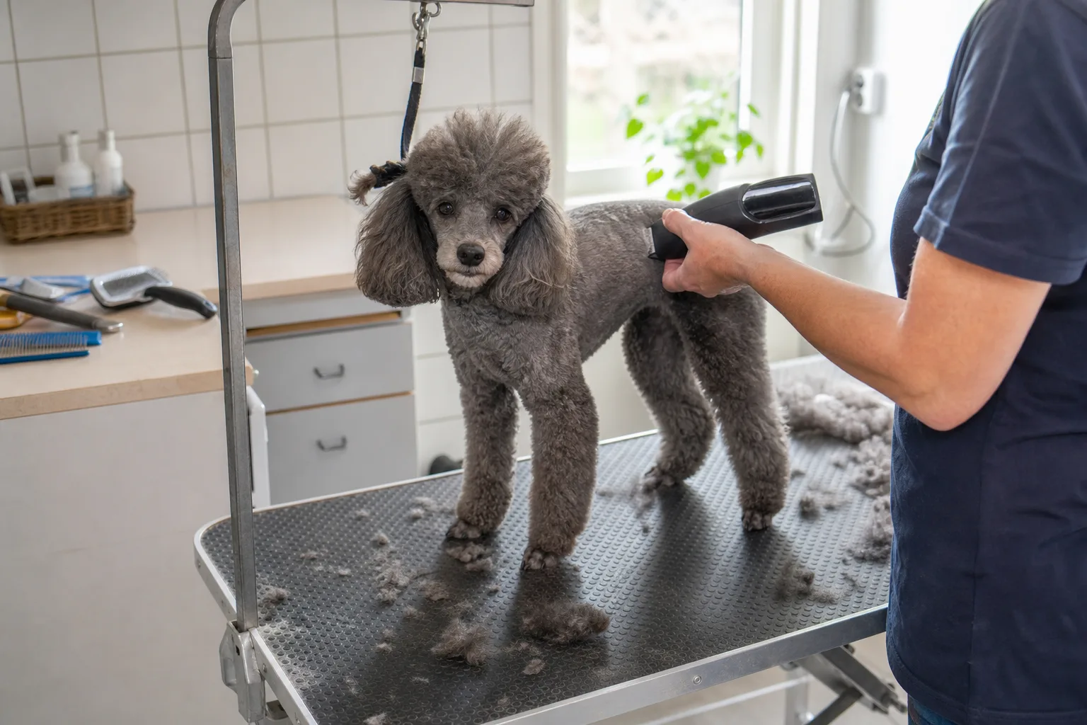 Pudel får kroppspälsen klippt med hundtrimmer och distanskam på trimbord