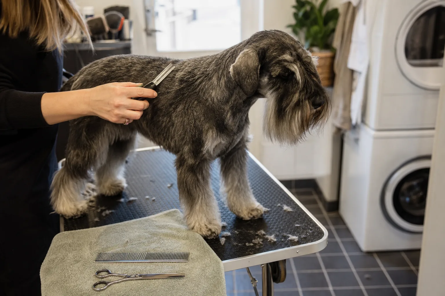 Händer handtrimmar schnauzers rygg med trimkniv; skägg och benpäls syns