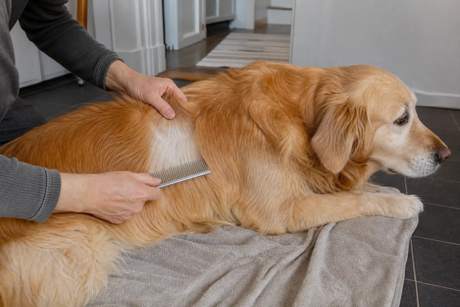 Hand kammar synlig underull på en golden retriever i en hall