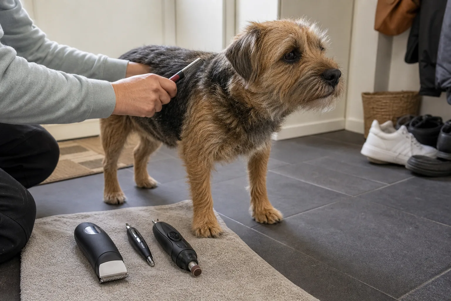 Hund bredvid hundtrimmer, tasskär och kloslip på en handduk i en hall