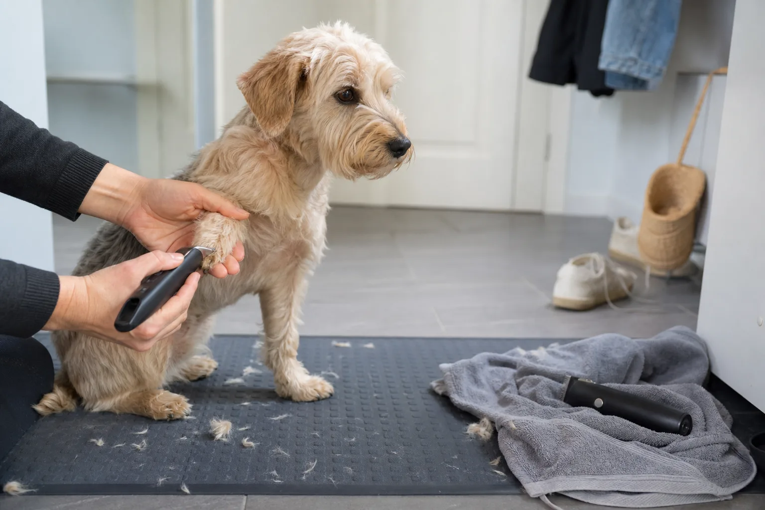 Smal hundtrimmer vid liten hunds tass och större klippmaskin på handduk