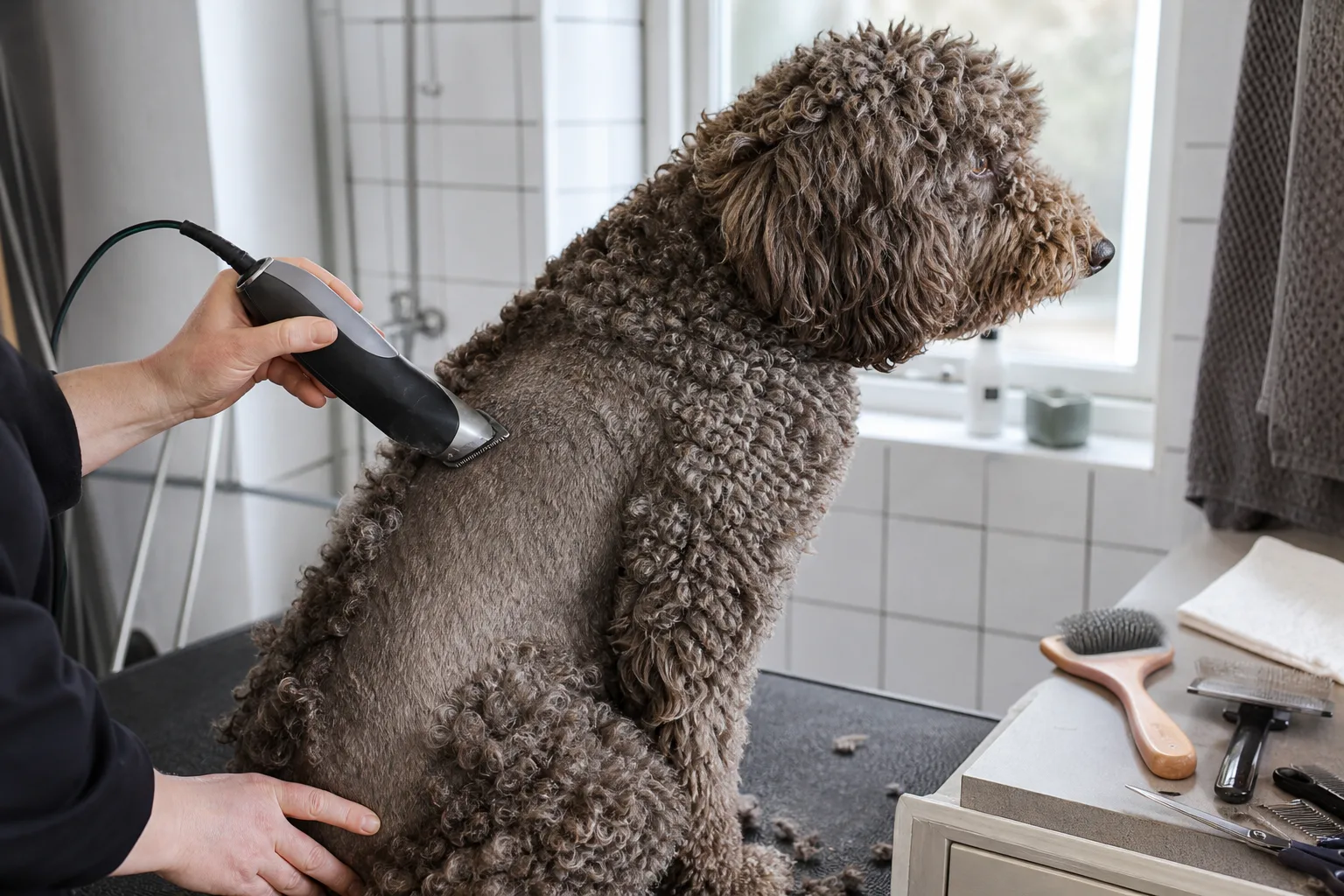 Kraftig hundklippmaskin med utbytbart skär vid tät, lockig hundpäls