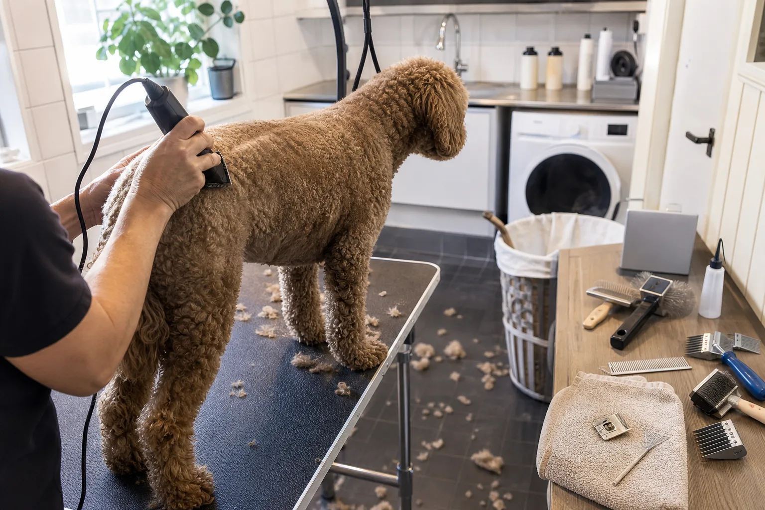 Sladdriven hundklippmaskin med A5-skär används på lockig hunds rygg