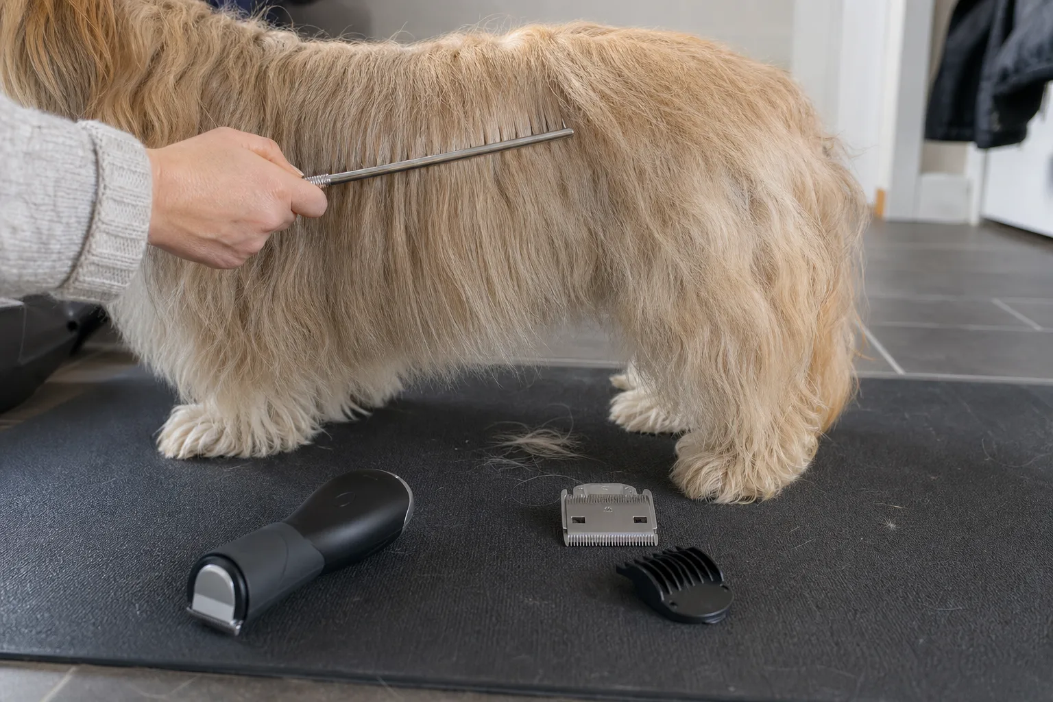 Sladdlös hundklippmaskin, utbytbart skär och distanskam bredvid långpälsad hund