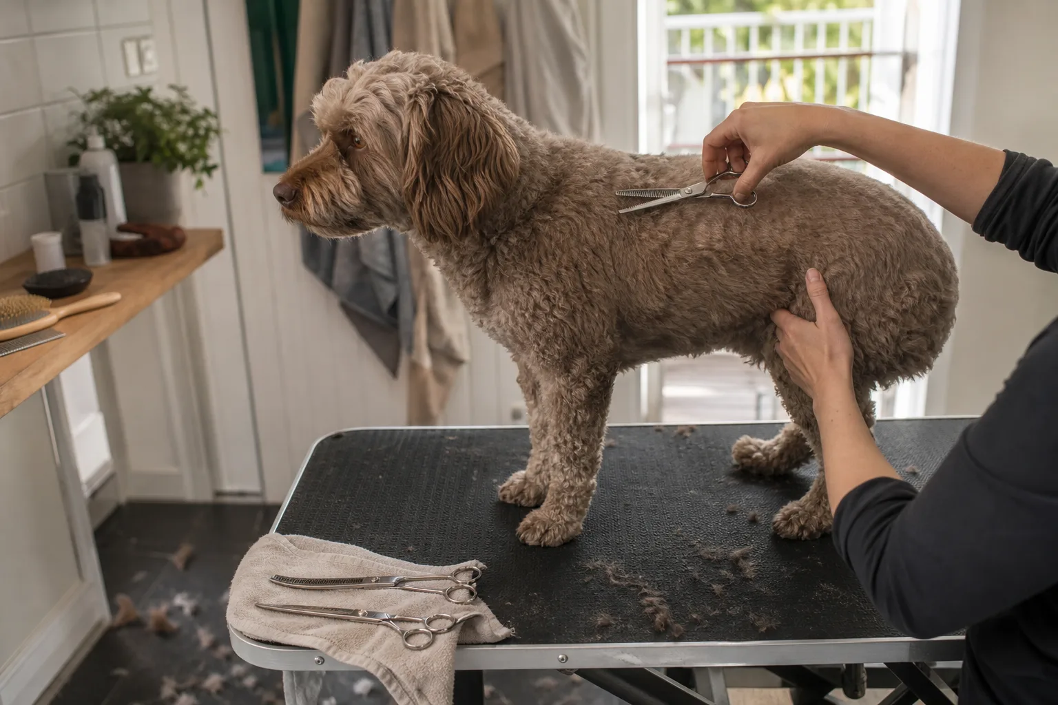 Effilersax vid hundens ryggpäls och två andra stängda hundsaxar på handduk