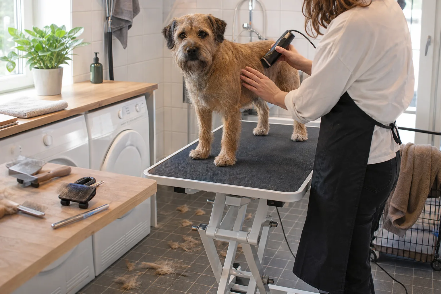Mellanstor hund på halkfritt trimbord med en hand som stöd